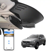 Car rearview mirror built-in dash cam with smartphone app control, 4K Ultra HD recording, GPS tracking, and Volvo XC90 SUV models in the background.