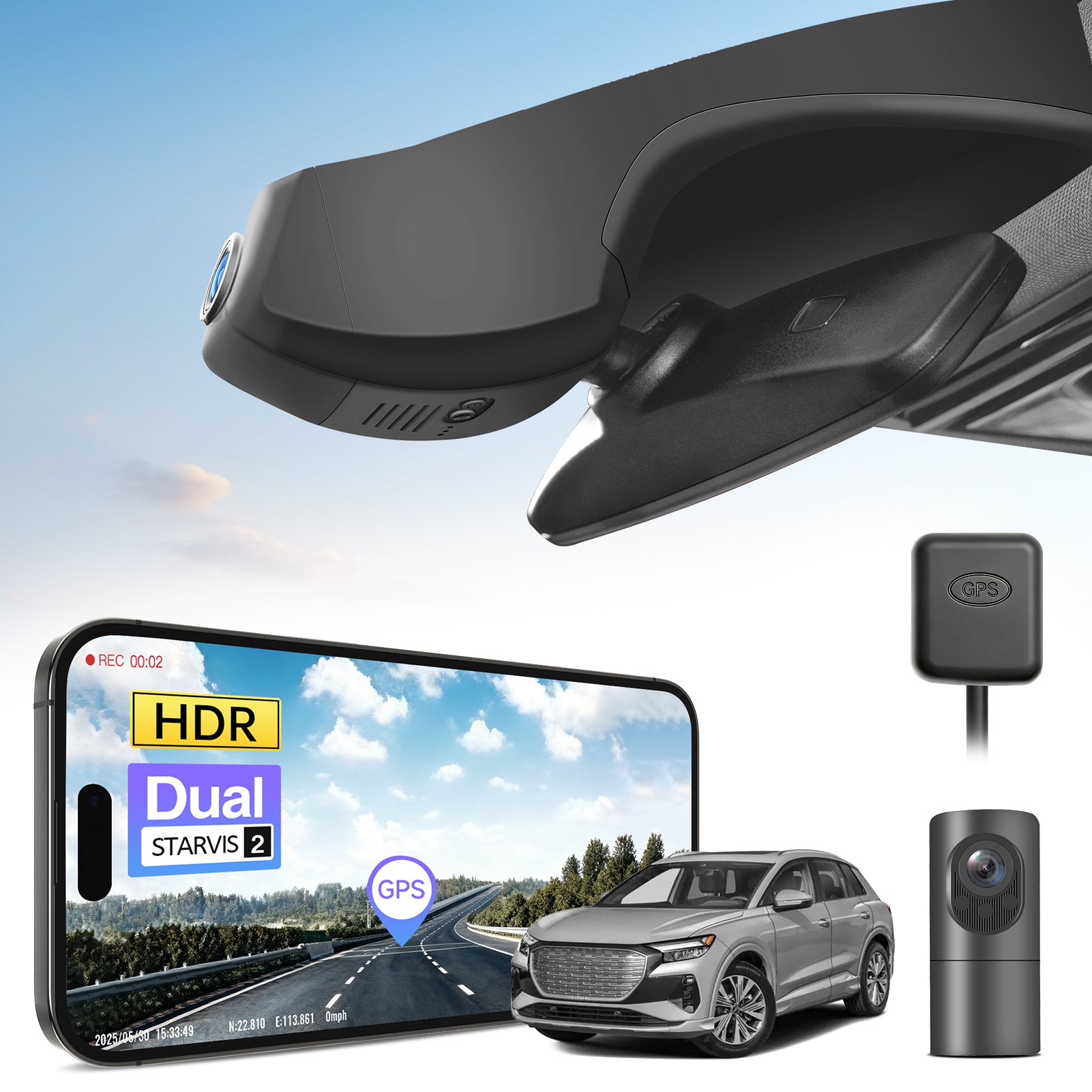 Car dual channel dash camera system, smartphone app control, 4K Ultra HD recording, GPS tracking, and Audi Q4 e-tron vehicles models in the background. 