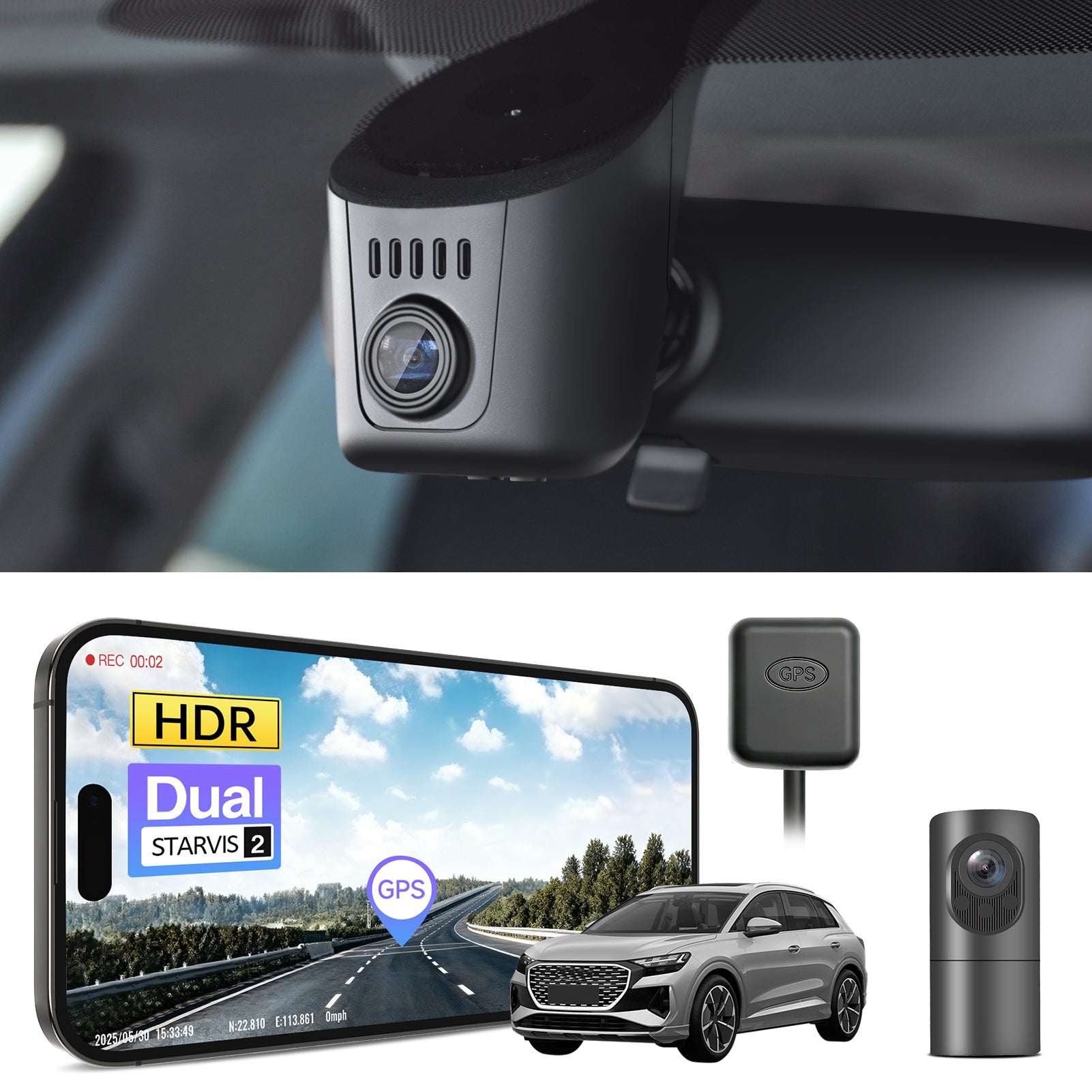 Car dual channel dash camera system, smartphone app control, 4K Ultra HD recording, GPS tracking, and Audi vehicles models in the background. 