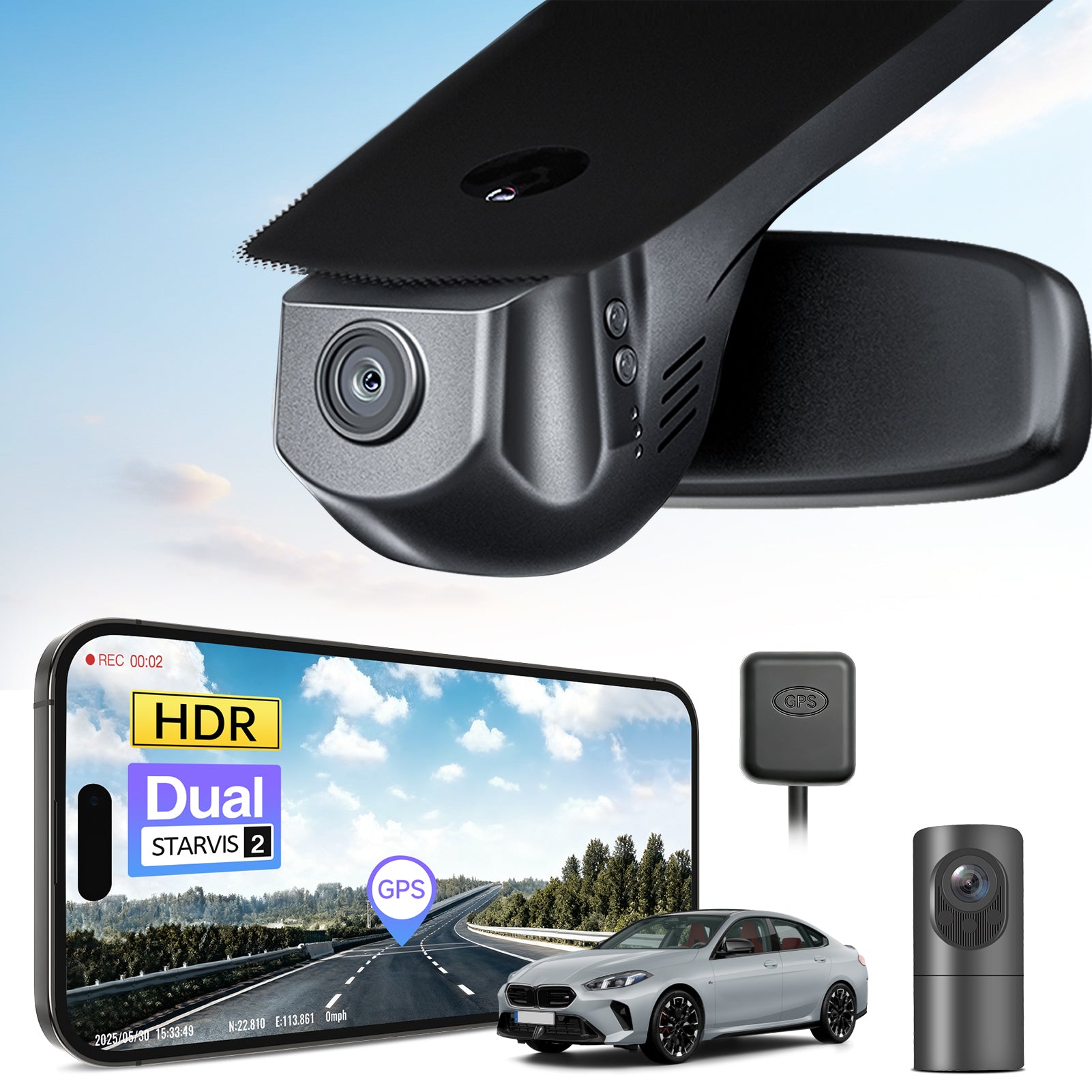 2 channel dash cam with dual STARVIS 2, features smartphone app control, 4K Ultra HD recording, GPS tracking, and BMW 2 Series M2 in the background. 