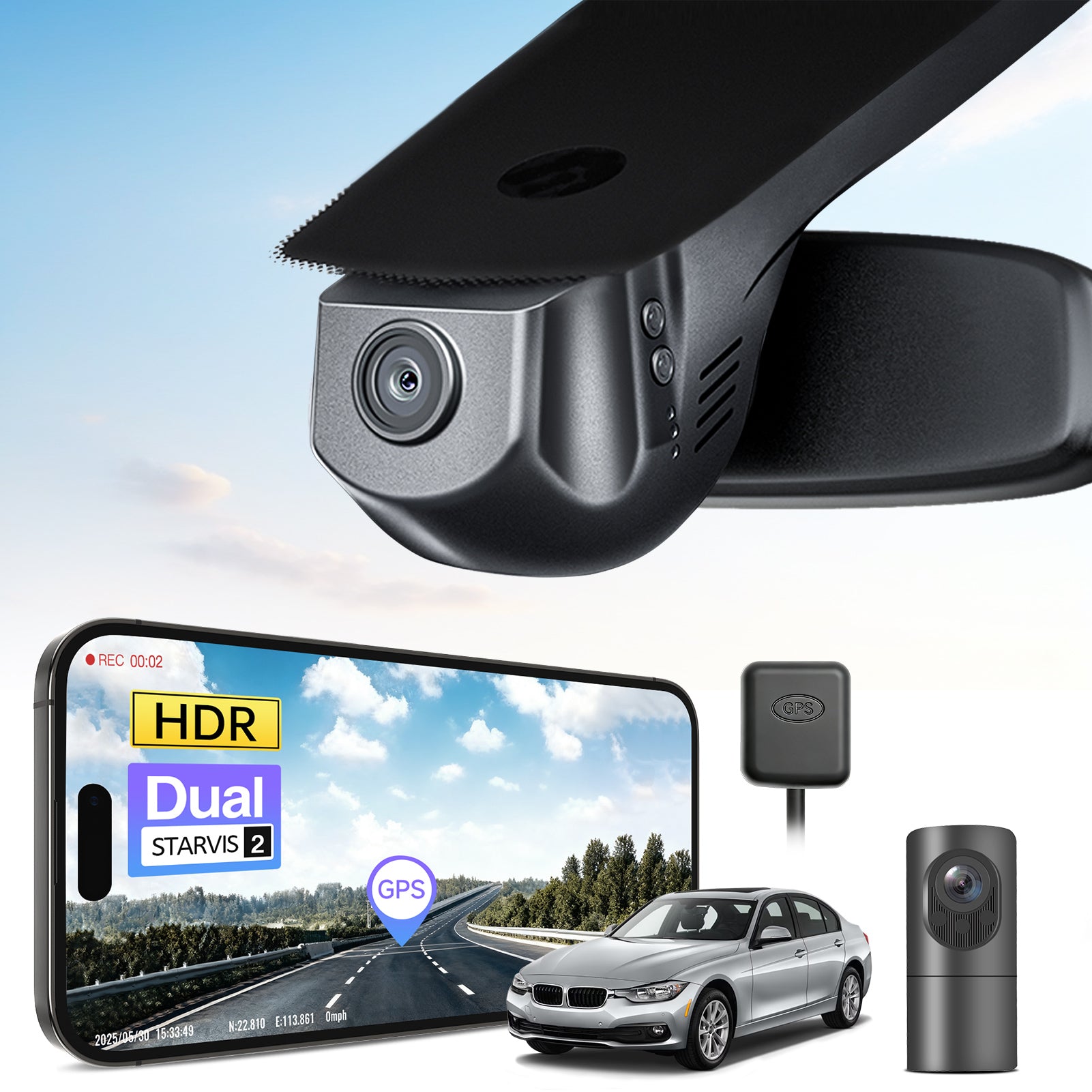 2 channel dash cam with dual STARVIS 2, features smartphone app control, 4K Ultra HD recording, GPS tracking, and BMW 3 Series Gen6 in the background. 