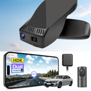 2 channel dash cam with dual STARVIS 2, features smartphone app control, 4K Ultra HD recording, GPS tracking, and BMW 3 Series Gen7 in the background. 
