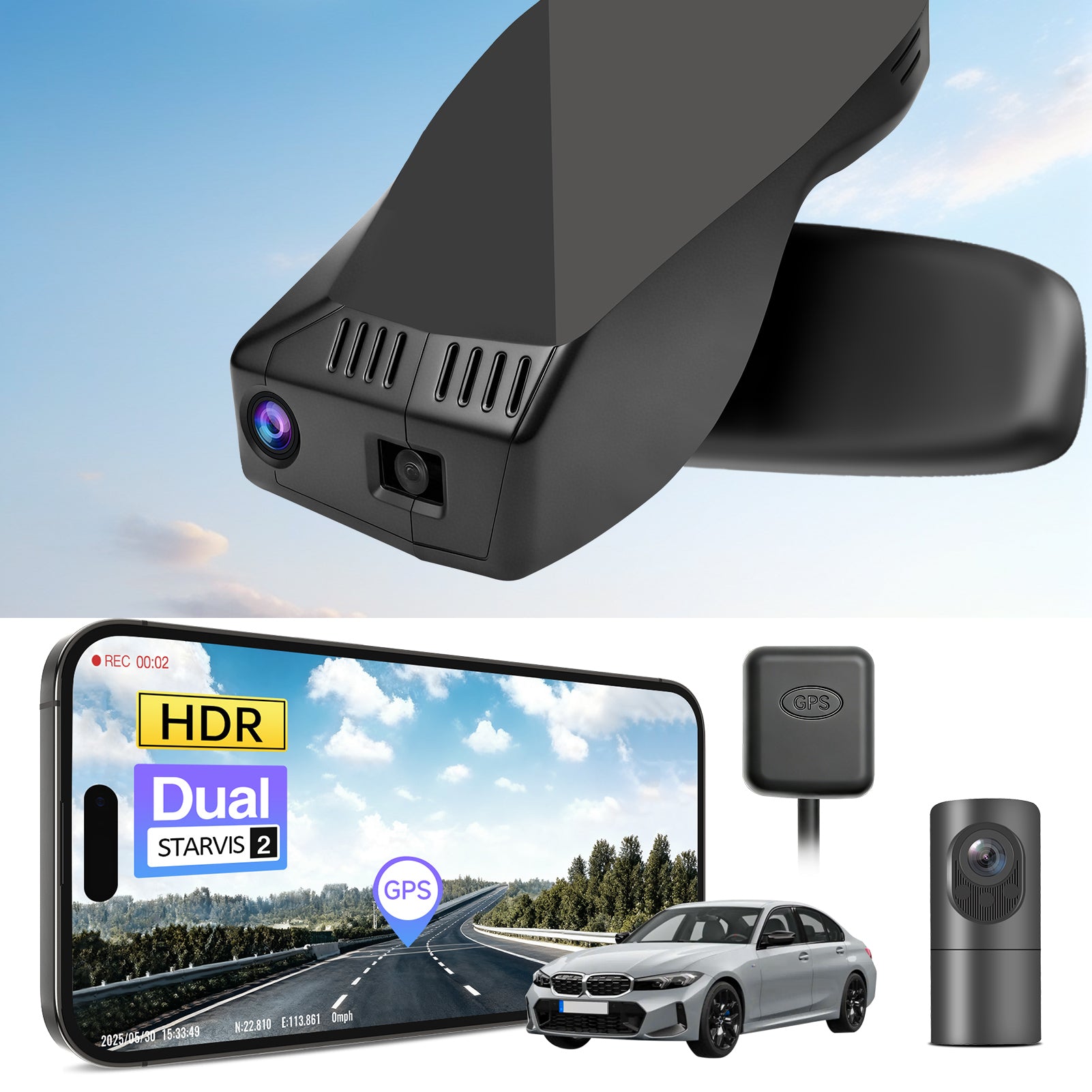 2 channel dash cam with dual STARVIS 2, features smartphone app control, 4K Ultra HD recording, GPS tracking, and BMW 3 Series Gen7 in the background. 