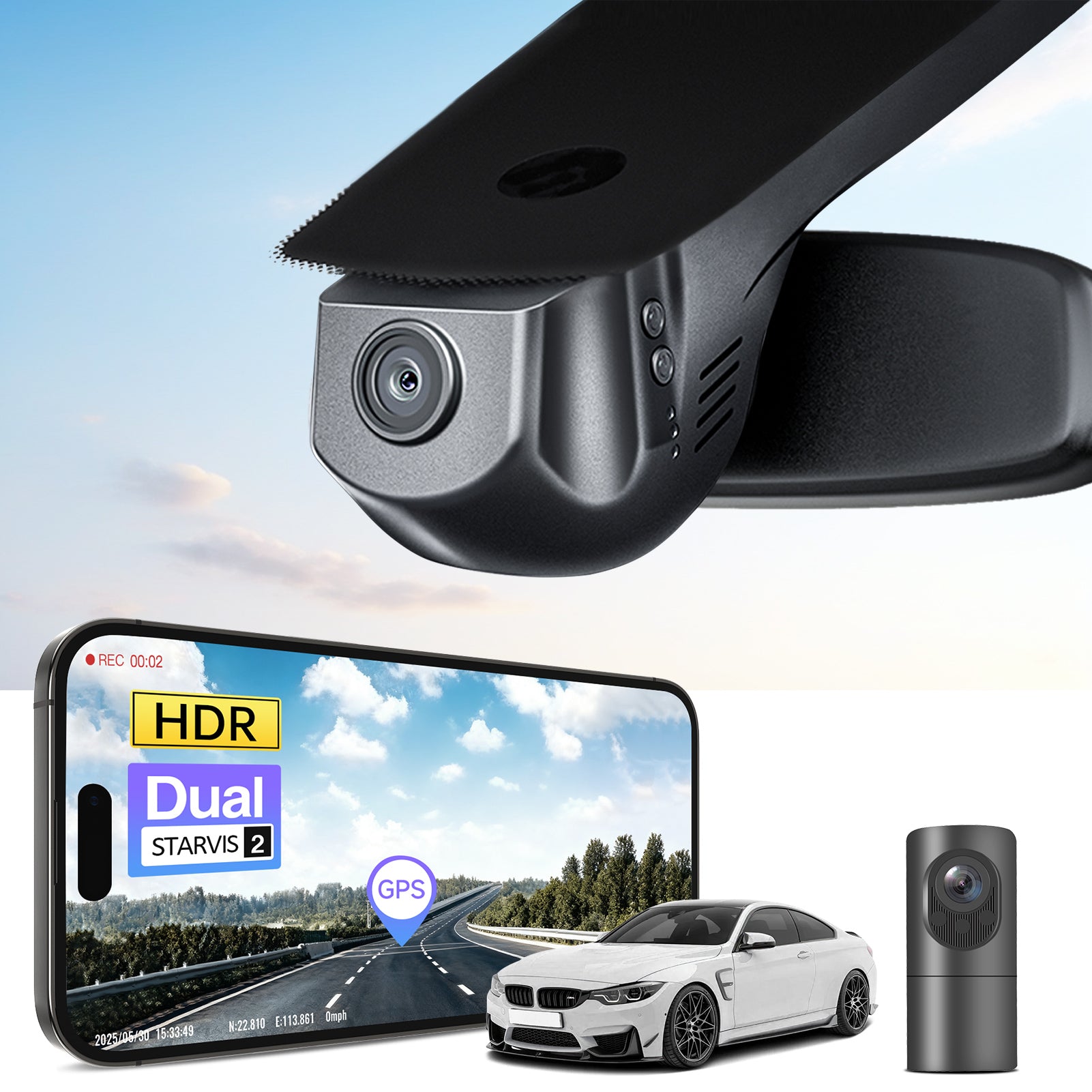 2 channel dash cam with dual STARVIS 2, features smartphone app control, 4K Ultra HD recording, GPS tracking, and BMW 4 Series Gen1 in the background. 