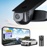 2 channel dash cam with dual STARVIS 2, features smartphone app control, 4K Ultra HD recording, GPS tracking, and BMW 4 Series Gen1 in the background. 