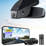 2 channel dash cam with dual STARVIS 2, features smartphone app control, 4K Ultra HD recording, GPS tracking, and BMW 4 Series Gen2 in the background. 
