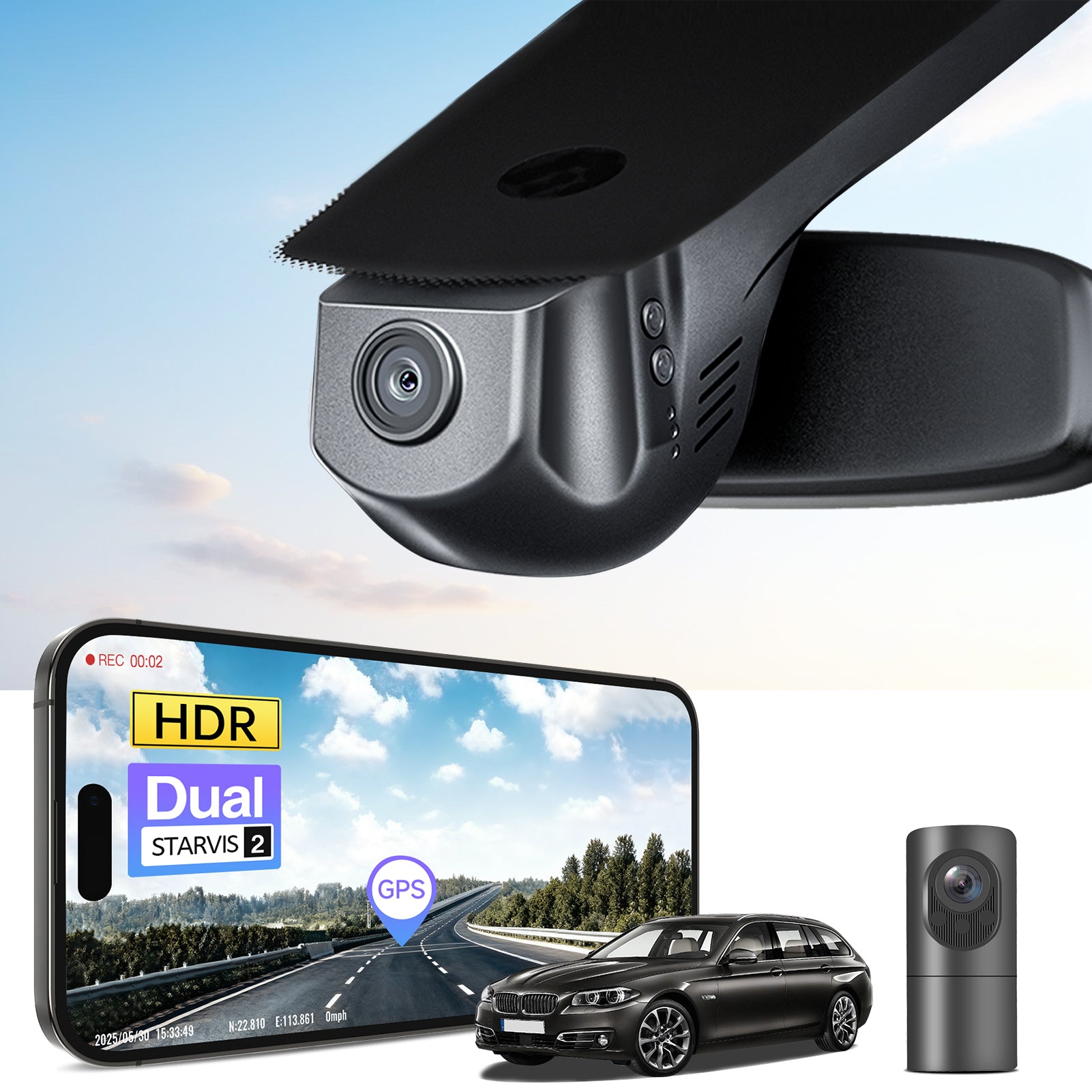 2 channel dash cam with dual STARVIS 2, features smartphone app control, 4K Ultra HD recording, GPS tracking, and BMW 5 Series Gen6 in the background. 
