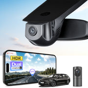 2 channel dash cam with dual STARVIS 2, features smartphone app control, 4K Ultra HD recording, GPS tracking, and BMW 5 Series Gen6 in the background. 