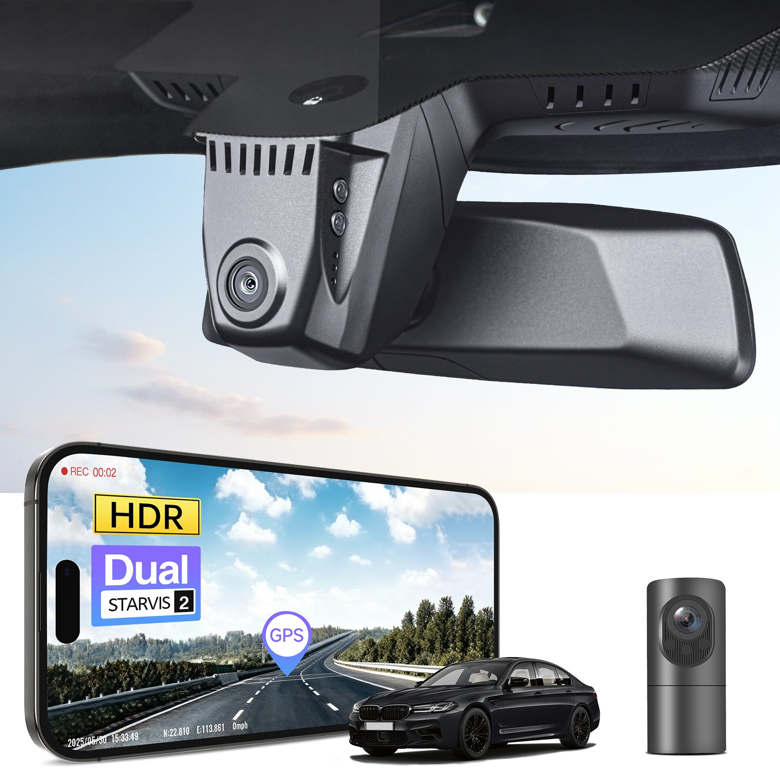 2 channel dash cam with dual STARVIS 2, features smartphone app control, 4K Ultra HD recording, GPS tracking, and BMW 5 Series Gen7 in the background. 