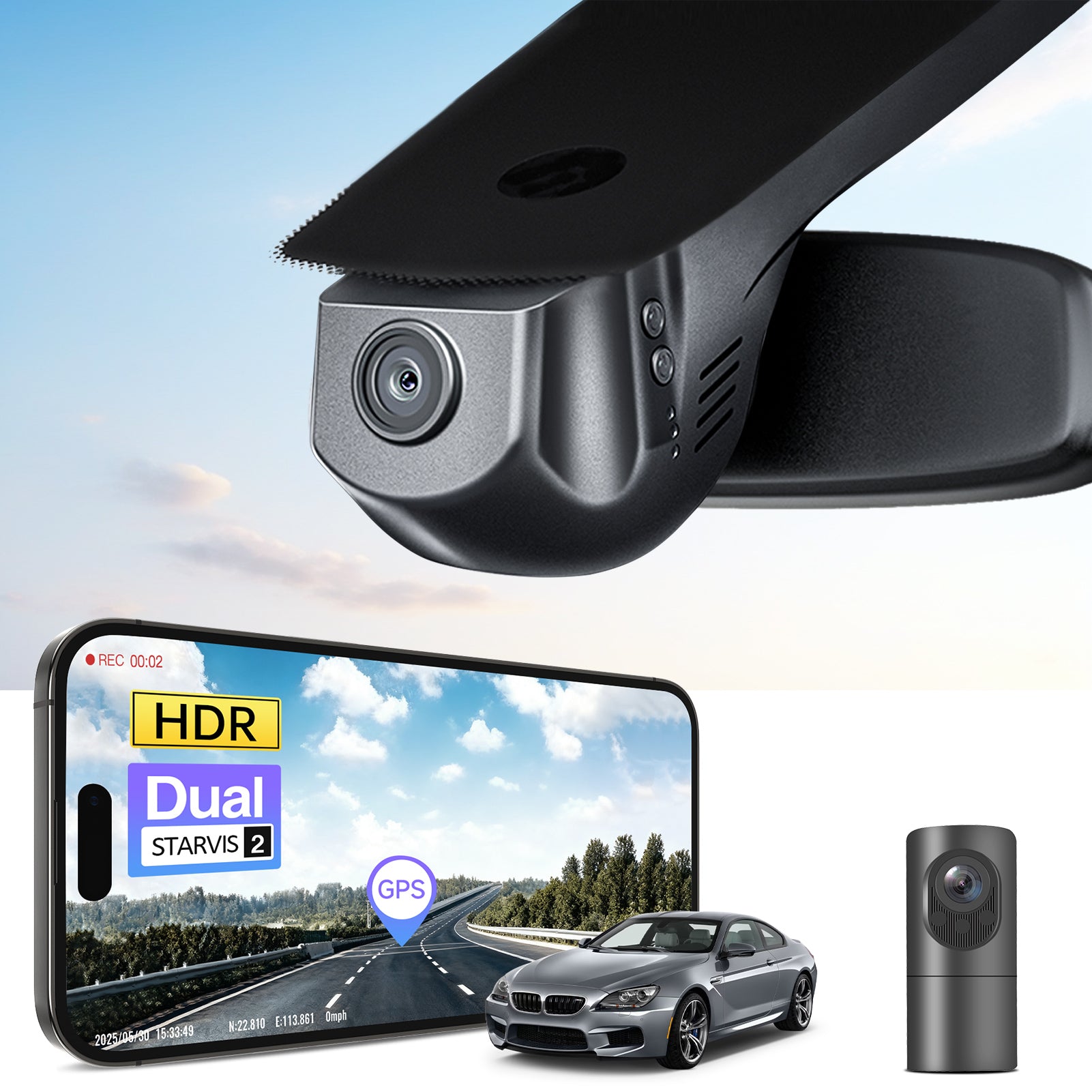 2 channel dash cam with dual STARVIS 2, features smartphone app control, 4K Ultra HD recording, GPS tracking, and BMW 6 Series Gen3 in the background. 