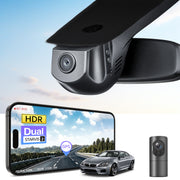 2 channel dash cam with dual STARVIS 2, features smartphone app control, 4K Ultra HD recording, GPS tracking, and BMW 6 Series Gen3 in the background. 