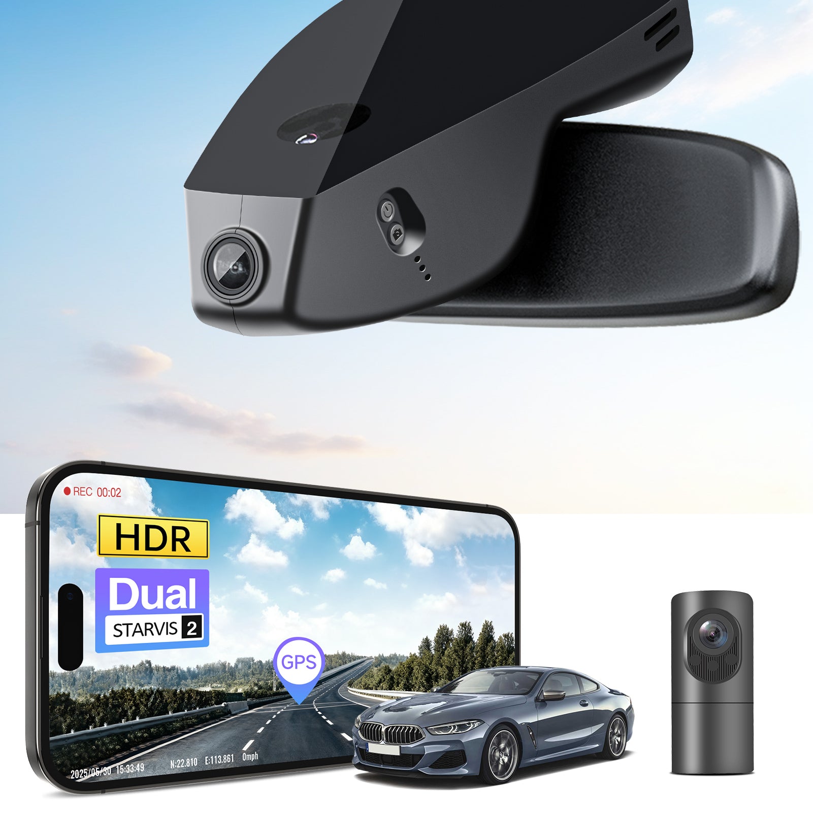 2 channel dash cam with dual STARVIS 2, features smartphone app control, 4K Ultra HD recording, GPS tracking, and BMW 8 Series Gen2 in the background. 