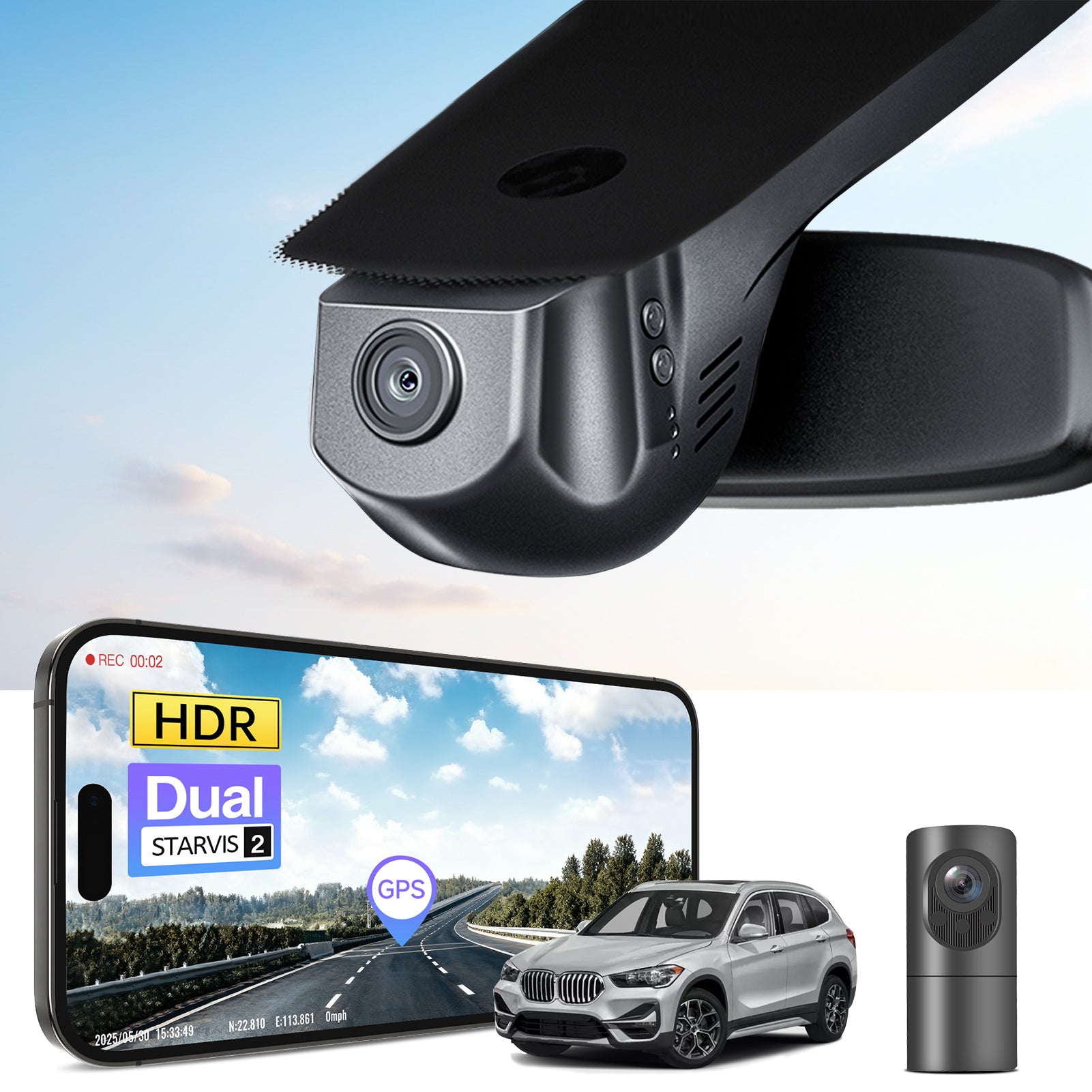 2 channel dash cam with dual STARVIS 2, features smartphone app control, 4K Ultra HD recording, GPS tracking, and BMW X1 Gen2 SUV models in the background. 