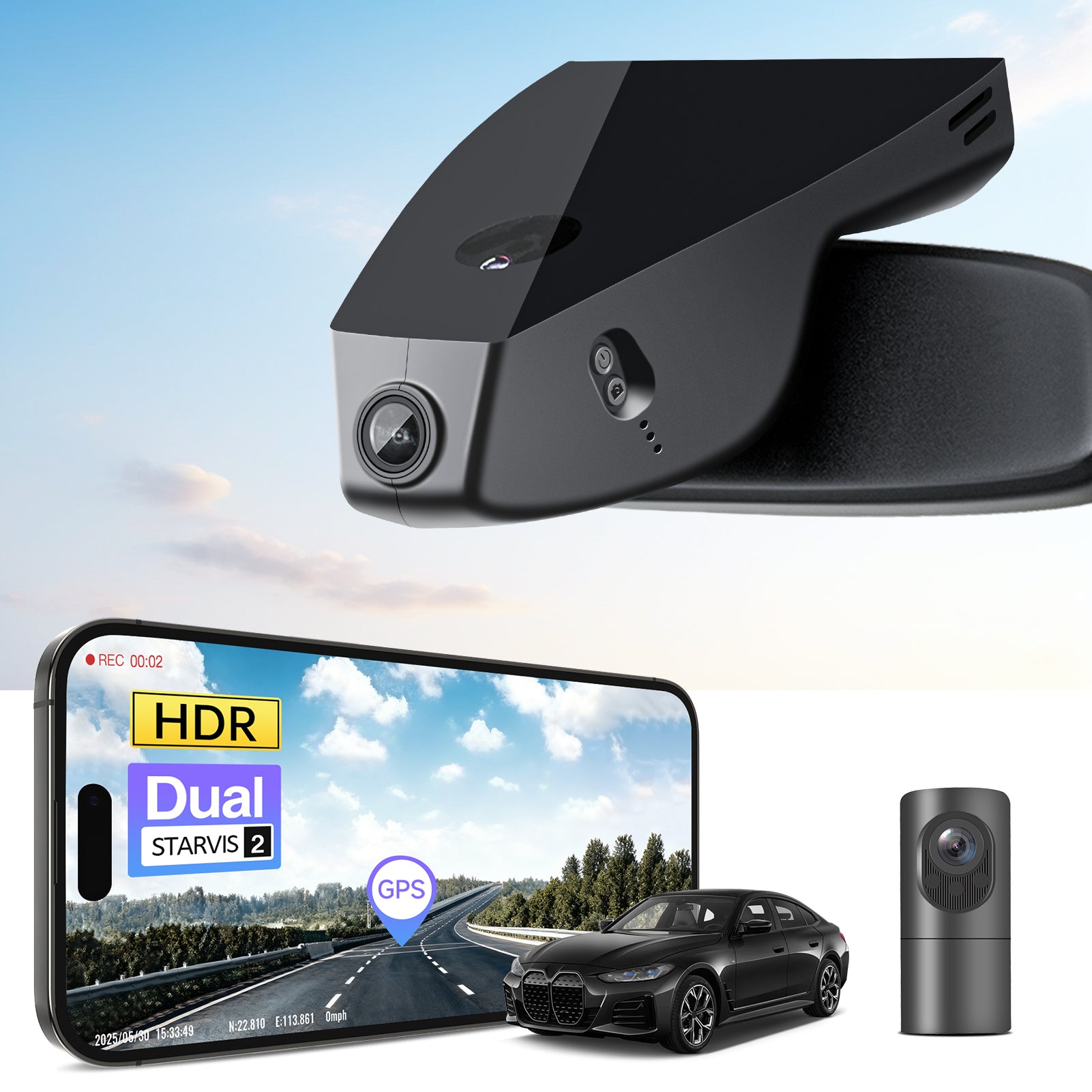 2 channel dash cam with dual STARVIS 2, features smartphone app control, 4K Ultra HD recording, GPS tracking, and BMW i4 Coupe in the background. 