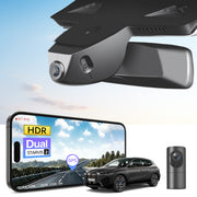2 channel dash cam with dual STARVIS 2, features smartphone app control, 4K Ultra HD recording, GPS tracking, and BMW iX SUV in the background. 