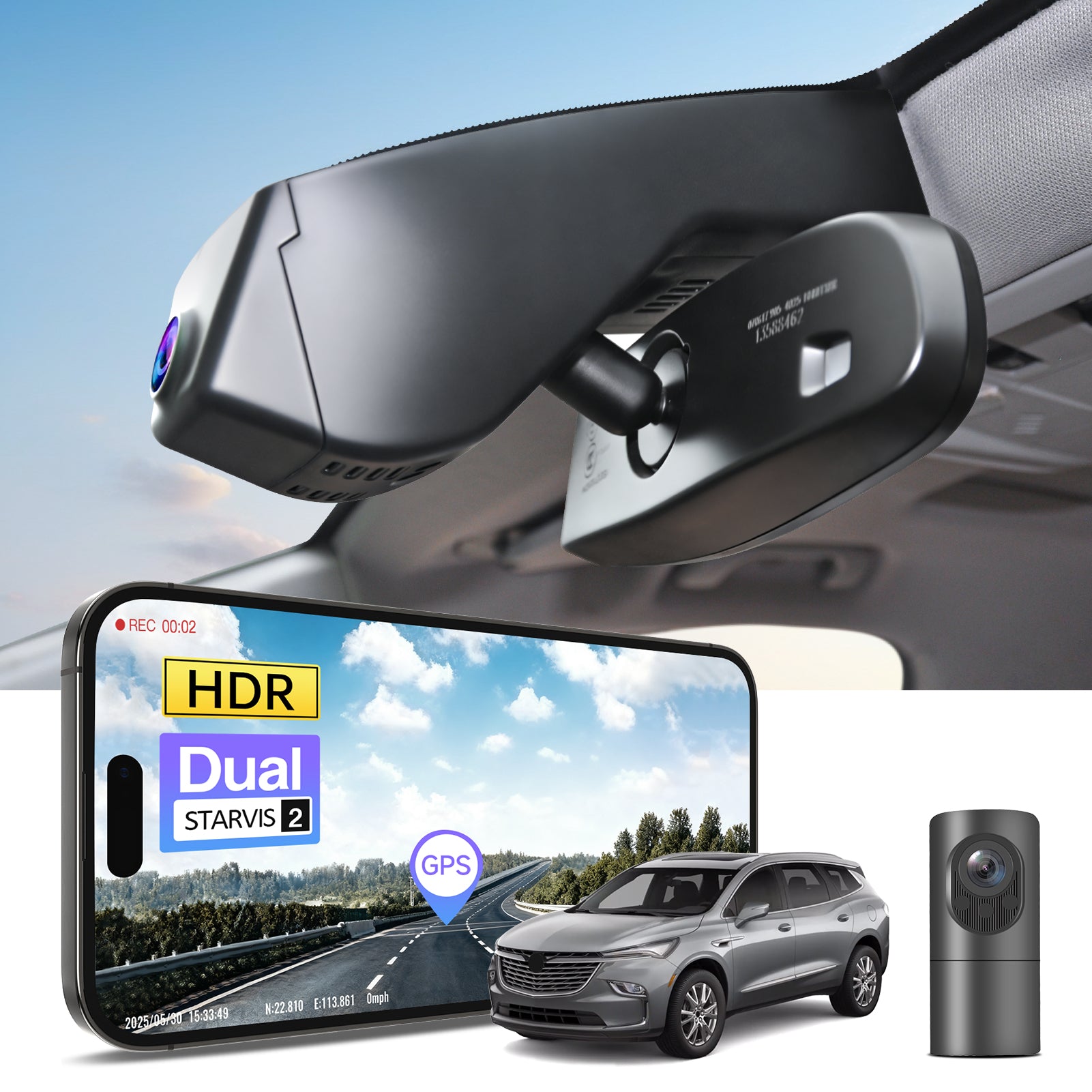 Car dual channel dash camera system, smartphone app control, 4K Ultra HD recording, GPS tracking, and Buick Enclave SUV models in the background. 