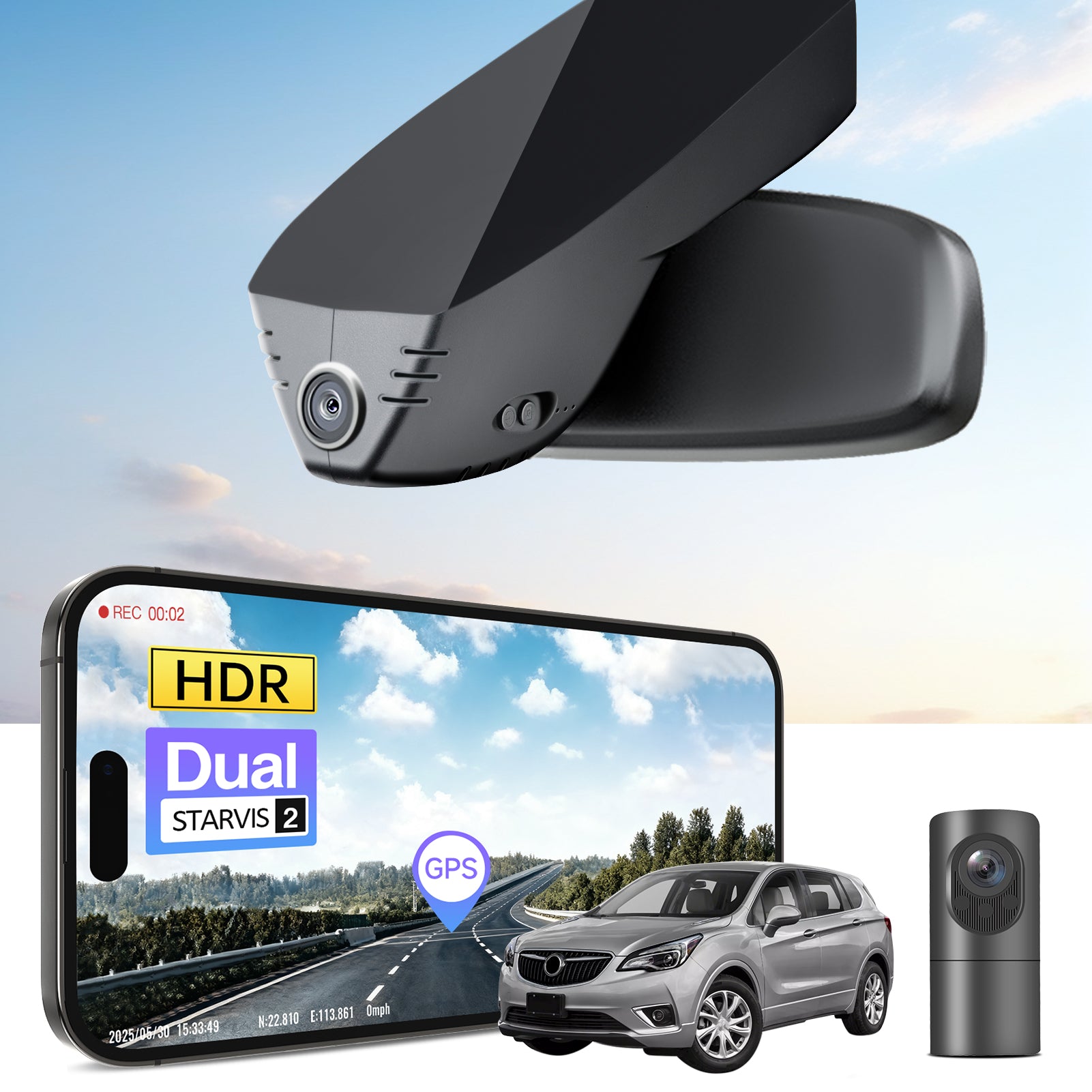 Car dual channel dash camera system, smartphone app control, 4K Ultra HD recording, GPS tracking, and Buick Envision SUV models in the background. 