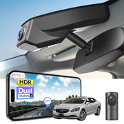 2 channel dash cam with dual STARVIS 2, features smartphone app control, 4K Ultra HD recording, GPS tracking, and Buick Lacrosse car models in the background.