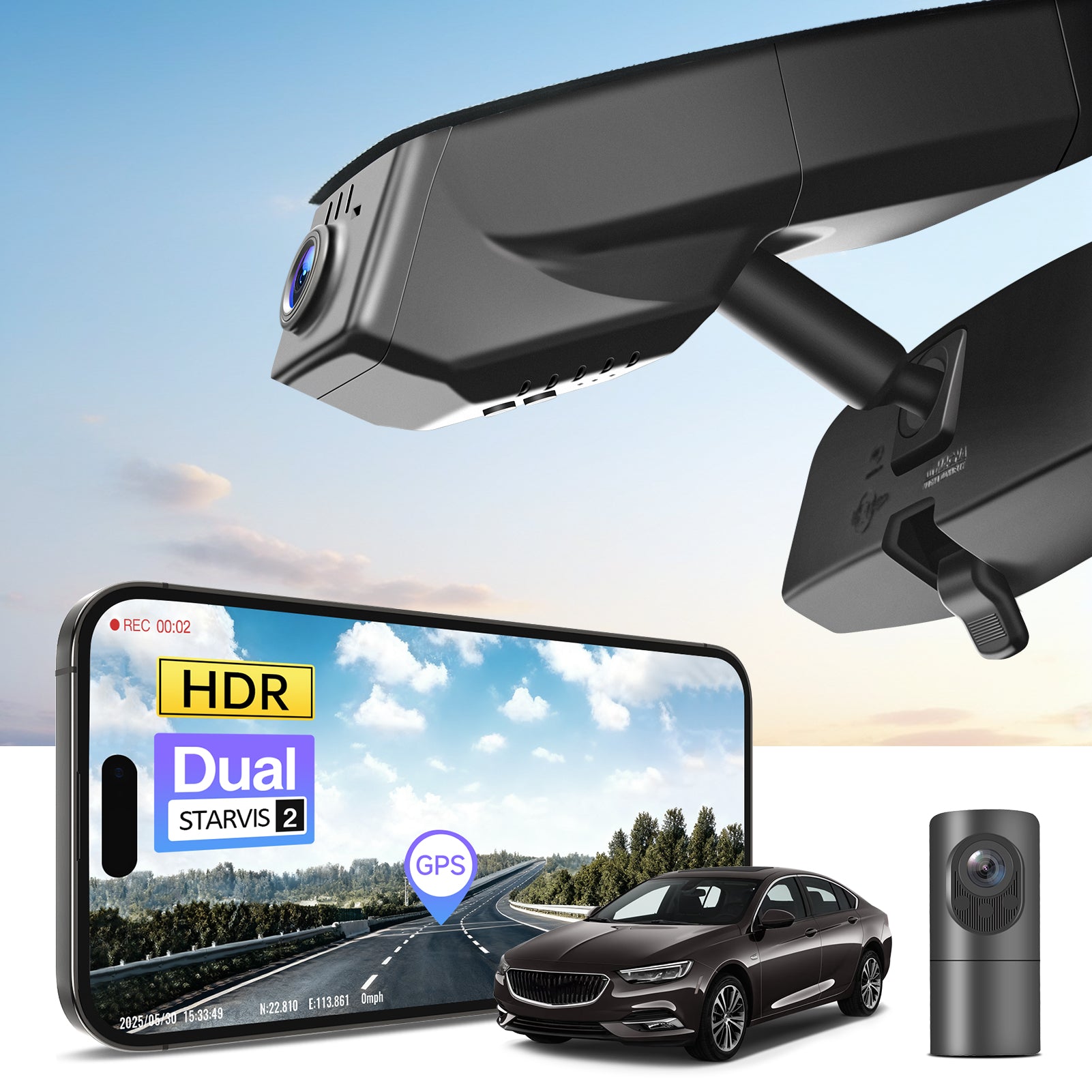 Car 2 channel dash camera with dual STARVIS 2, displaying smartphone app control, 4K Ultra HD recording, GPS tracking, and Buick Regal Sedans models in the background. 
