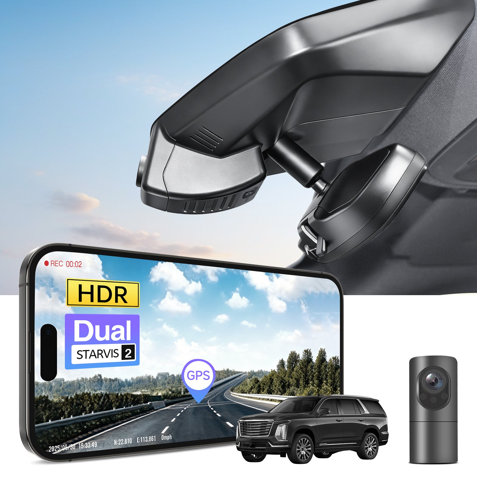 2 channel dash cam with dual STARVIS 2, features smartphone app control, 4K Ultra HD recording, GPS tracking, and Cadillac-Escalade SUV models in the background. 