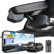2 channel dash cam with dual STARVIS 2, features smartphone app control, 4K Ultra HD recording, GPS tracking, and Cadillac XT4 SUV models in the background. 