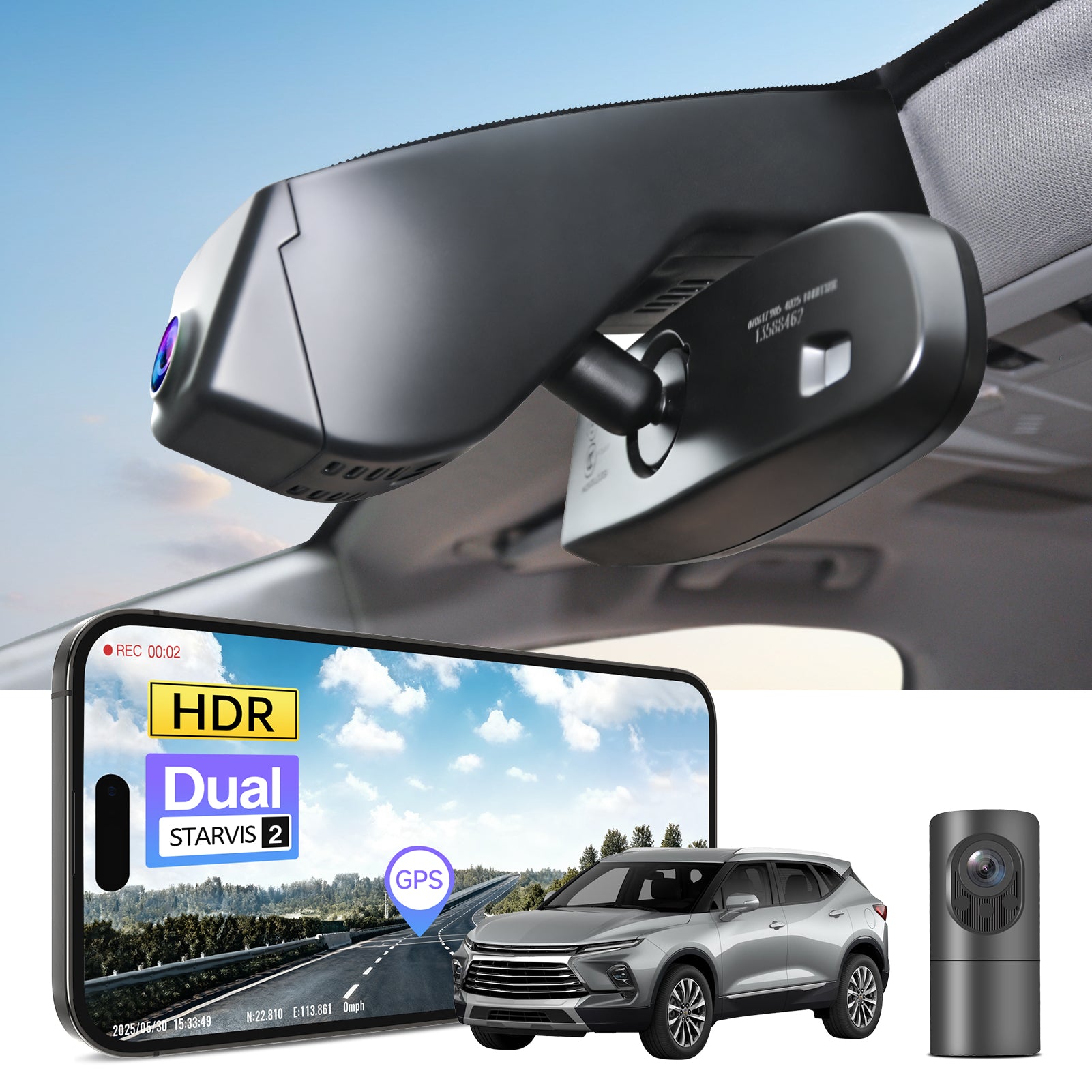 2 channel dash cam with dual STARVIS 2, features smartphone app control, 4K Ultra HD recording, GPS tracking, and Chevy Blazer SUV models in the background.  