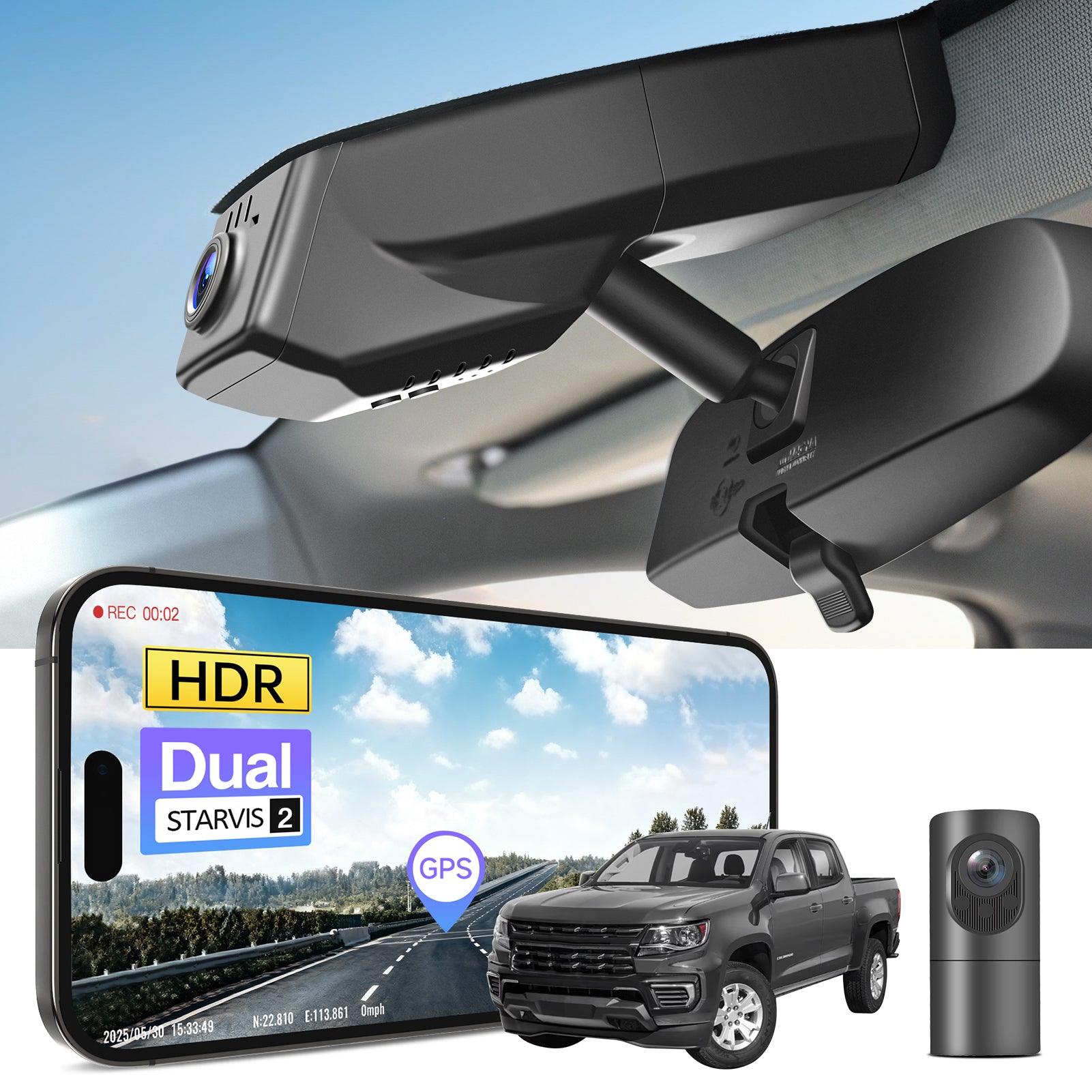 2 channel dash cam with dual STARVIS 2, features smartphone app control, 4K Ultra HD recording, GPS tracking, and Chevy Colorado Pickup models in the background.  