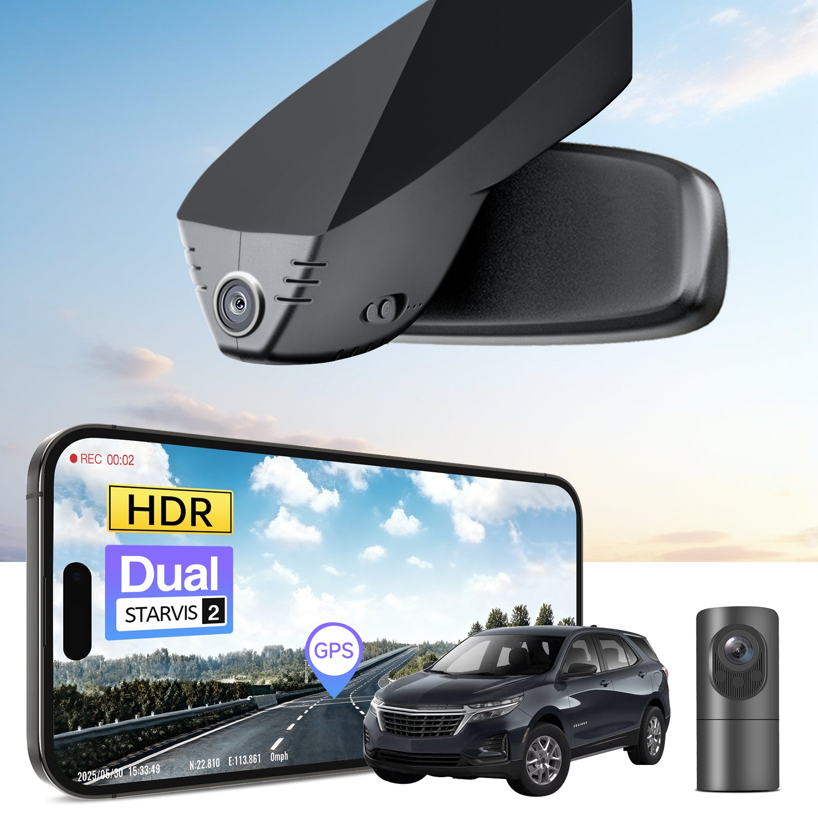2 channel dash cam with dual STARVIS 2, features smartphone app control, 4K Ultra HD recording, GPS tracking, and Chevy Equinox SUV models in the background.  