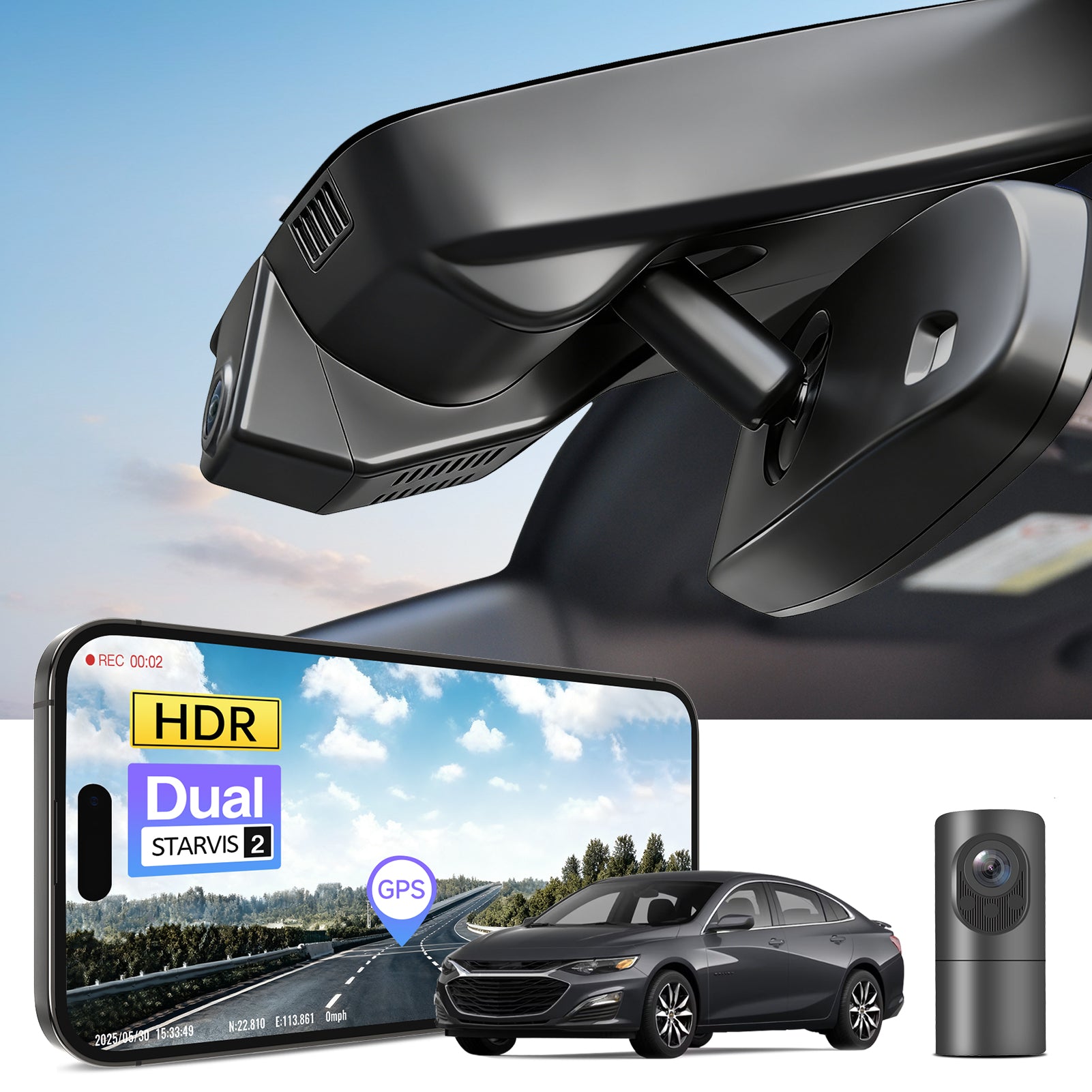 2 channel dash cam with dual STARVIS 2, features smartphone app control, 4K Ultra HD recording, GPS tracking, and Chevy Malibu Sedan models in the background.  