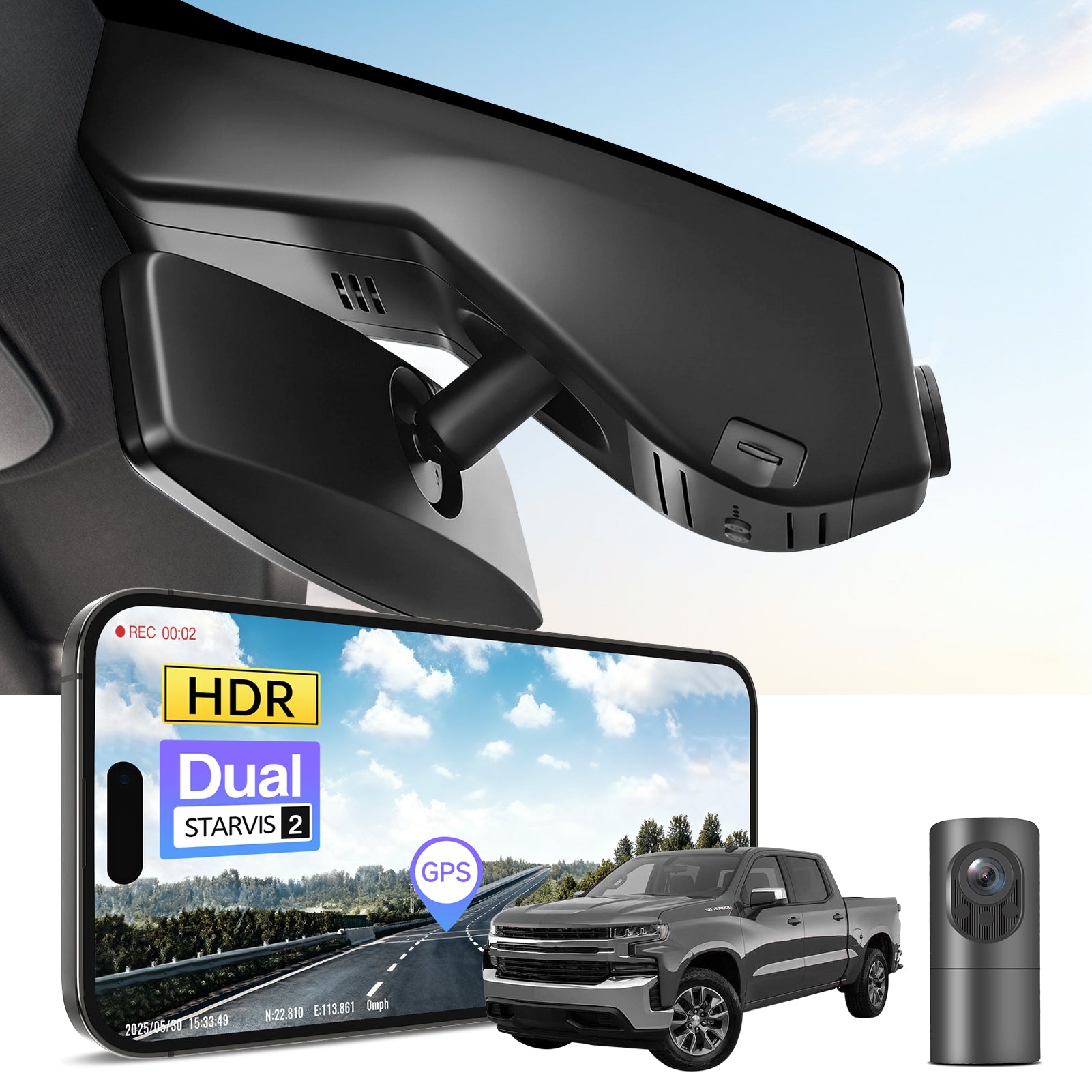 2 channel dash cam with dual STARVIS 2, features smartphone app control, 4K Ultra HD recording, GPS tracking, and Chevy Silverado Pickup models in the background.  