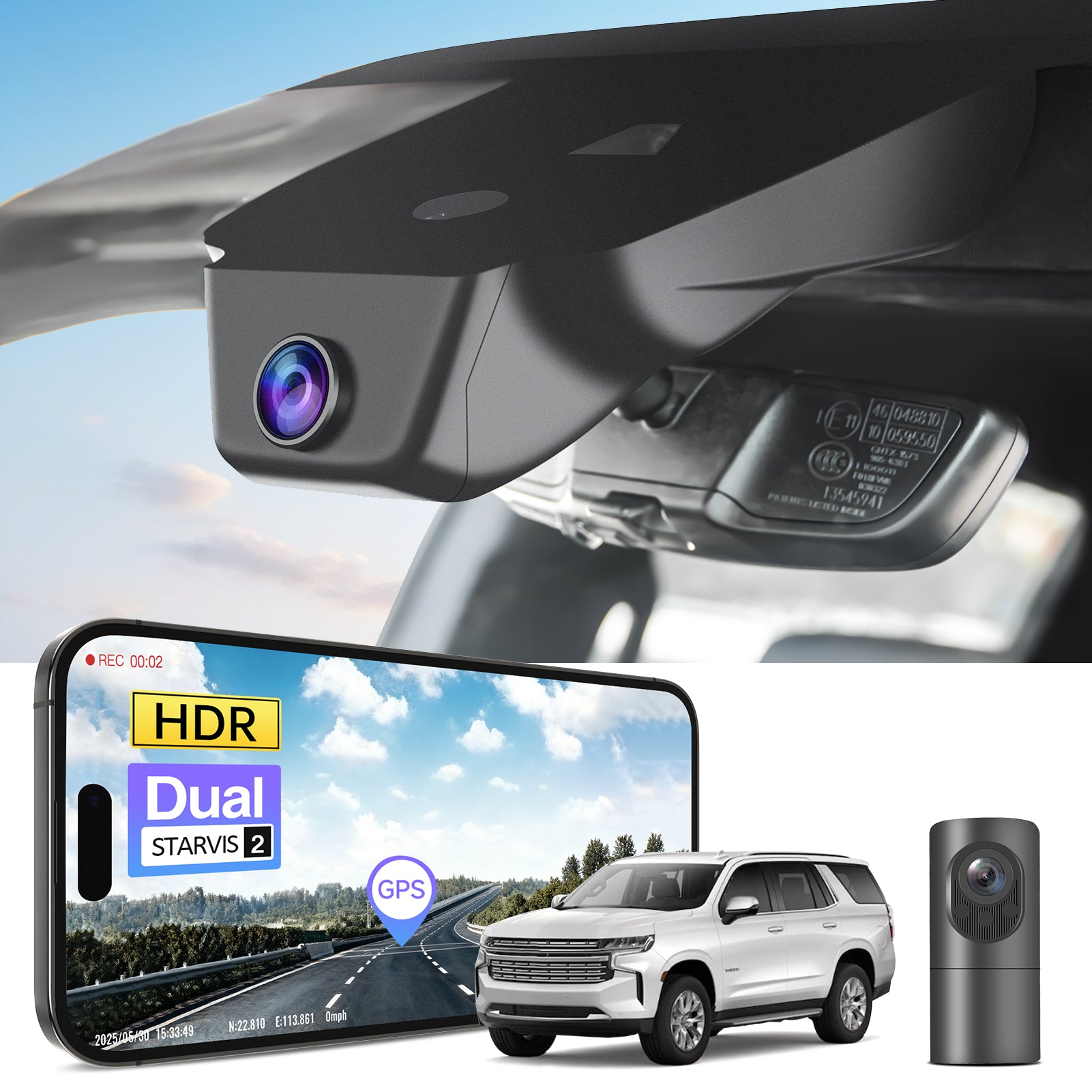 2 channel dash cam with dual STARVIS 2, features smartphone app control, 4K Ultra HD recording, GPS tracking, and Chevy Suburban Tahoe SUV models in the background.  