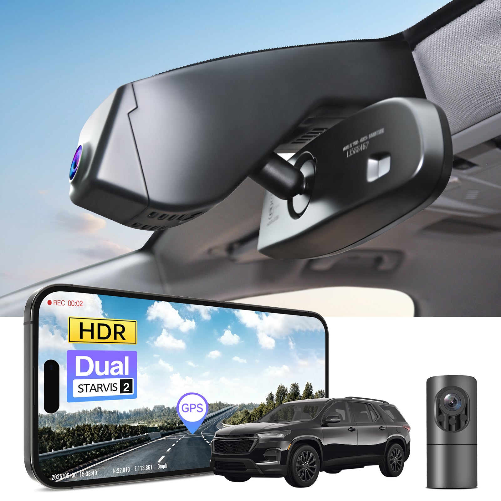 2 channel dash cam with dual STARVIS 2, features smartphone app control, 4K Ultra HD recording, GPS tracking, and Chevy Traverse SUV models in the background.  