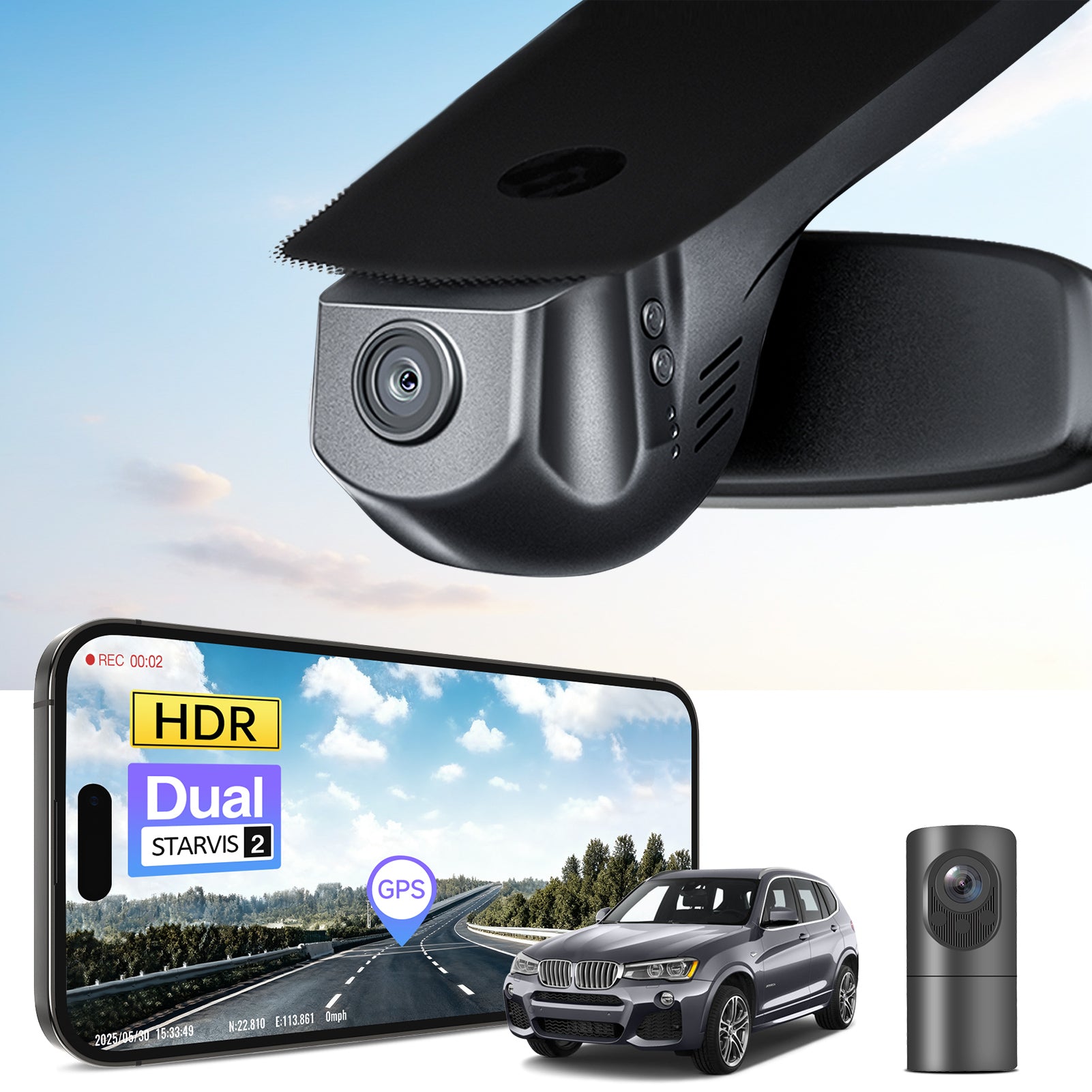 2 channel dash cam with dual STARVIS 2, features smartphone app control, 4K Ultra HD recording, GPS tracking, and BMW X3 Gen2 SUV models in the background.  