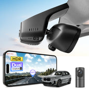 2 channel dash cam with dual STARVIS 2, features smartphone app control, 4K Ultra HD recording, GPS tracking, and BMW X3 Gen3 SUV models in the background.  