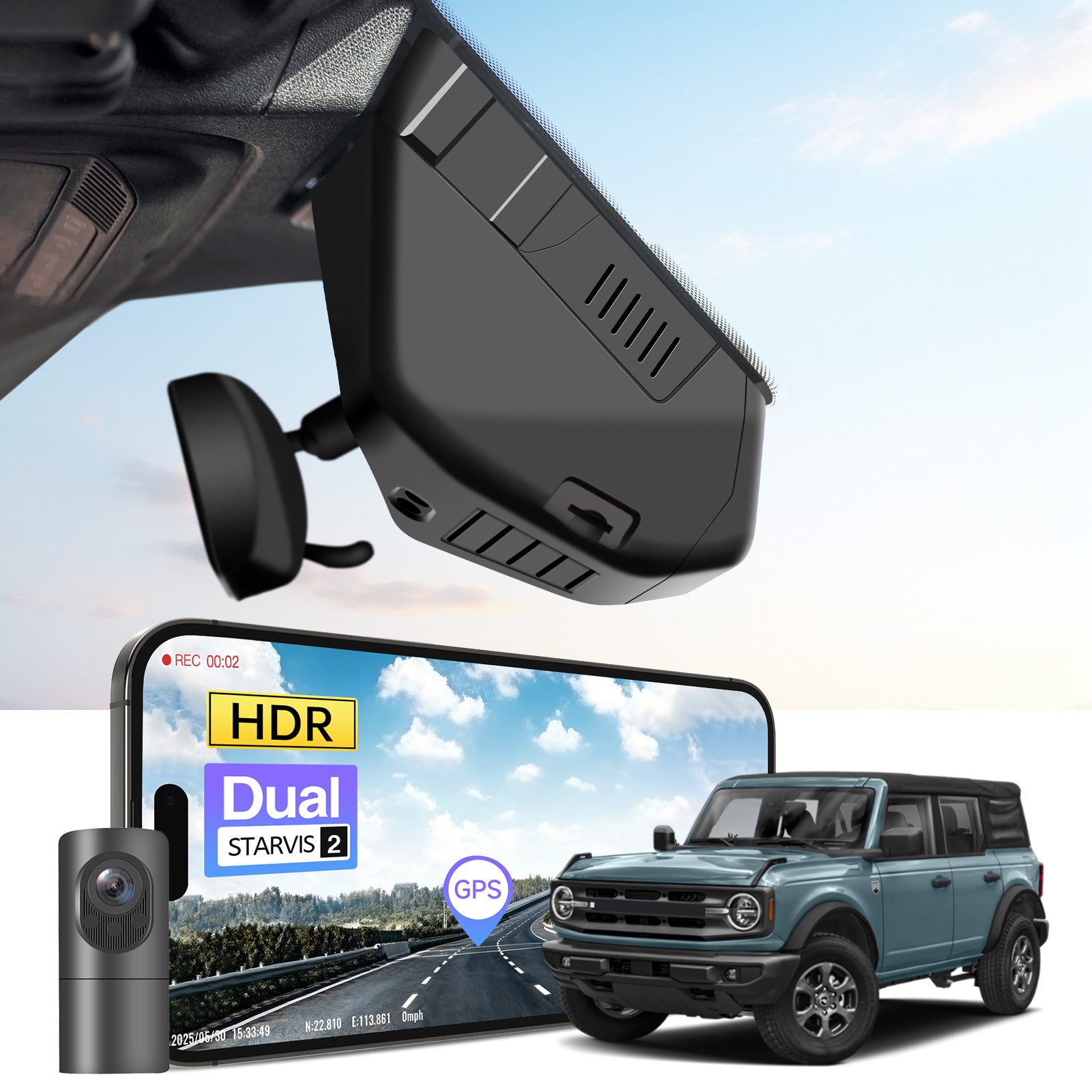 2 channel dash cam with dual STARVIS 2, features smartphone app control, 4K Ultra HD recording, GPS tracking, and Ford Bronco SUV models in the background.  