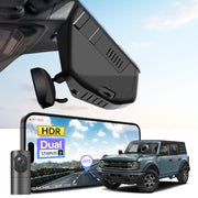 2 channel dash cam with dual STARVIS 2, features smartphone app control, 4K Ultra HD recording, GPS tracking, and Ford Bronco SUV models in the background.  
