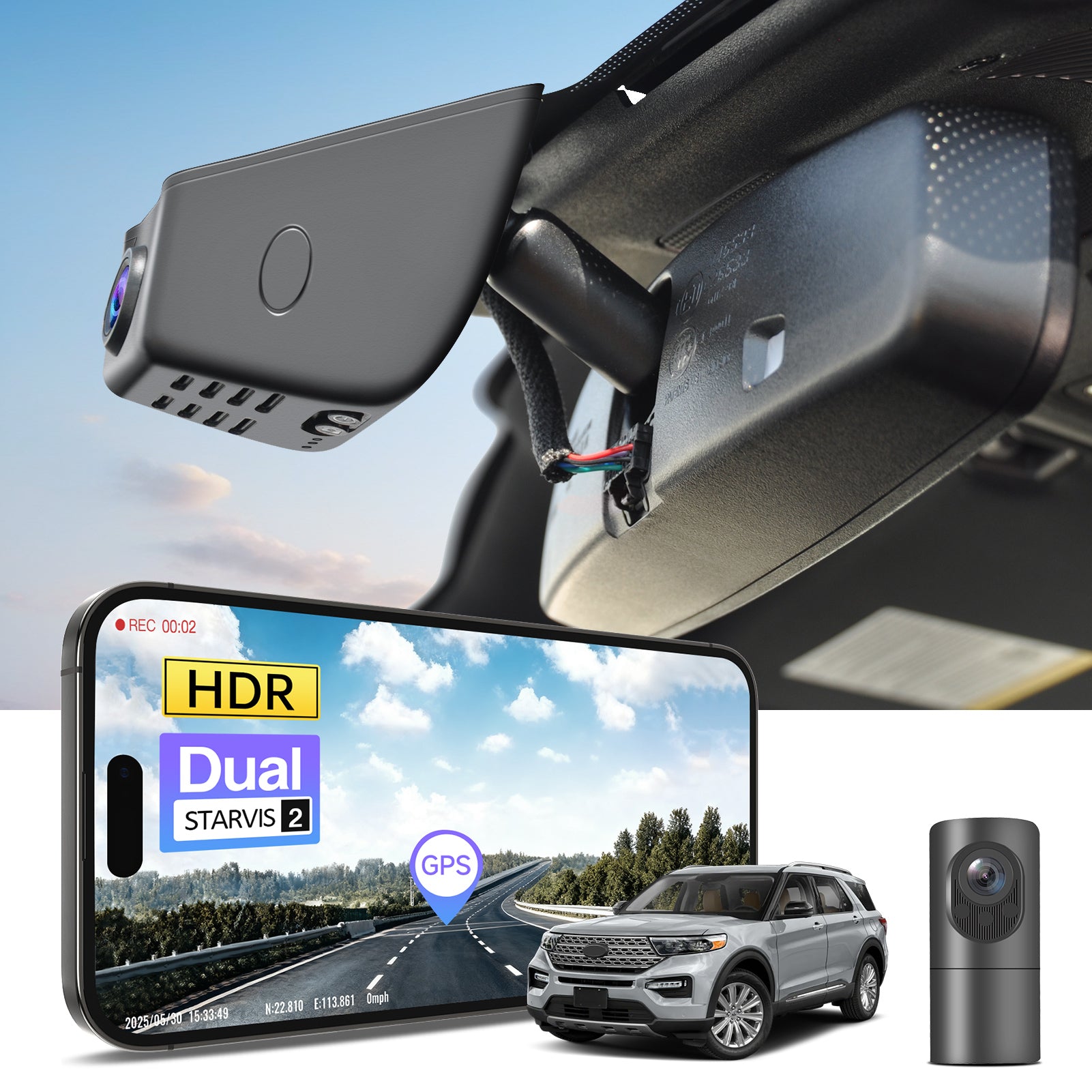 2 channel dash cam with dual STARVIS 2, features smartphone app control, 4K Ultra HD recording, GPS tracking, and Ford Explorer SUV models in the background.  