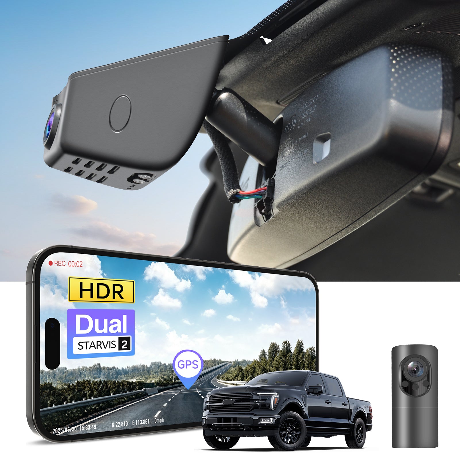 2 channel dash cam with dual STARVIS 2, features smartphone app control, 4K Ultra HD recording, GPS tracking, and Ford F Series Pickup models in the background.  