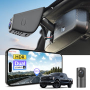 2 channel dash cam with dual STARVIS 2, features smartphone app control, 4K Ultra HD recording, GPS tracking, and Ford F Series Pickup models in the background.  
