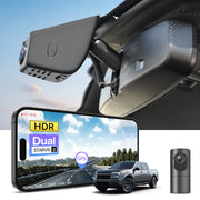 2 channel dash cam with dual STARVIS 2, features smartphone app control, 4K Ultra HD recording, GPS tracking, and Ford Maverick Pickup models in the background.  