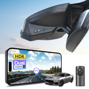 2 channel dash cam with dual STARVIS 2, features smartphone app control, 4K Ultra HD recording, GPS tracking, and Ford Mustang Sport Car models in the background.  