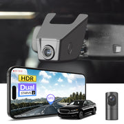 2 channel dash cam with dual STARVIS 2, features smartphone app control, 4K Ultra HD recording, GPS tracking, and Ford Taurus Sedan models in the background.  