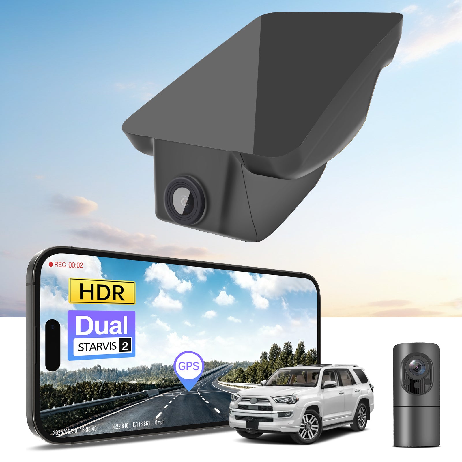 2 channel dash cam with dual STARVIS 2, features smartphone app control, 4K Ultra HD recording, GPS tracking, and Toyota 4Runner Off-road SUV models in the background.  