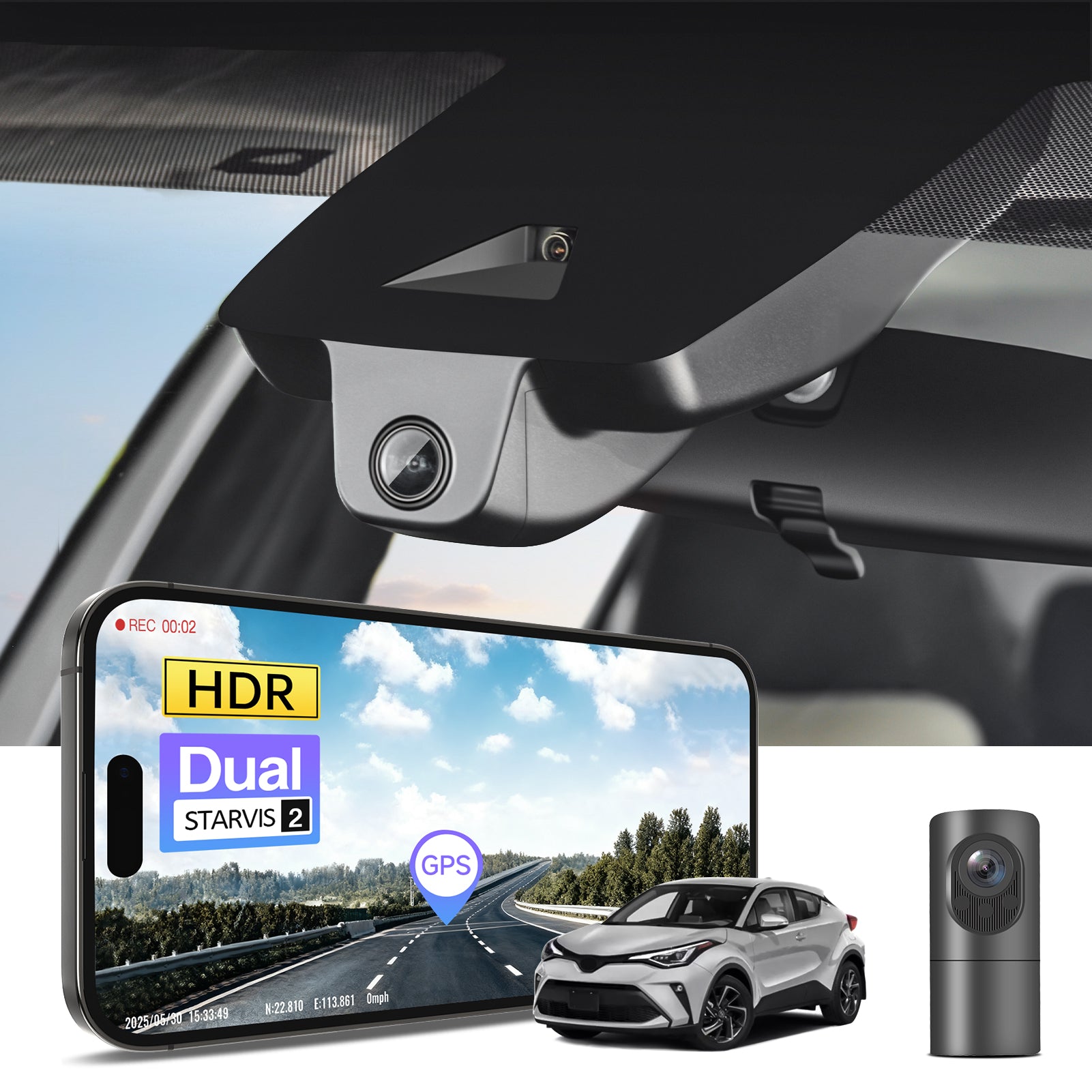 2 channel dash cam with dual STARVIS 2, features smartphone app control, 4K Ultra HD recording, GPS tracking, and Toyota C-HR SUV models in the background.  