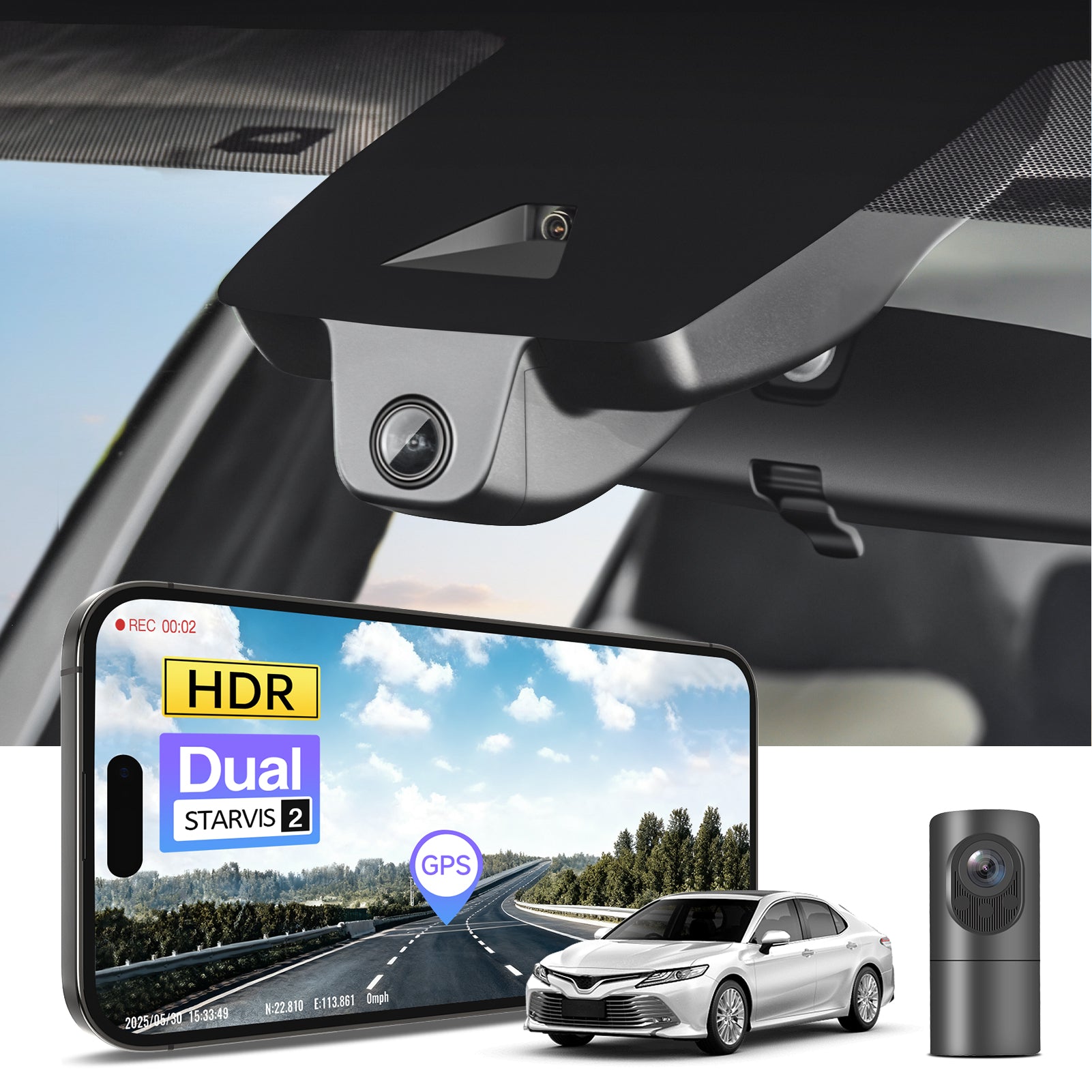 2 channel dash cam with dual STARVIS 2, features smartphone app control, 4K Ultra HD recording, GPS tracking, and Toyota Camry Sedan models in the background.  