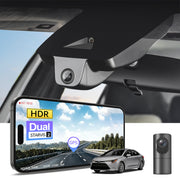 2 channel dash cam with dual STARVIS 2, features smartphone app control, 4K Ultra HD recording, GPS tracking, and Toyota Corolla Sedan models in the background.  