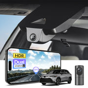 2 channel dash cam with dual STARVIS 2, features smartphone app control, 4K Ultra HD recording, GPS tracking, and Toyota Corolla Cross SUV models in the background.  