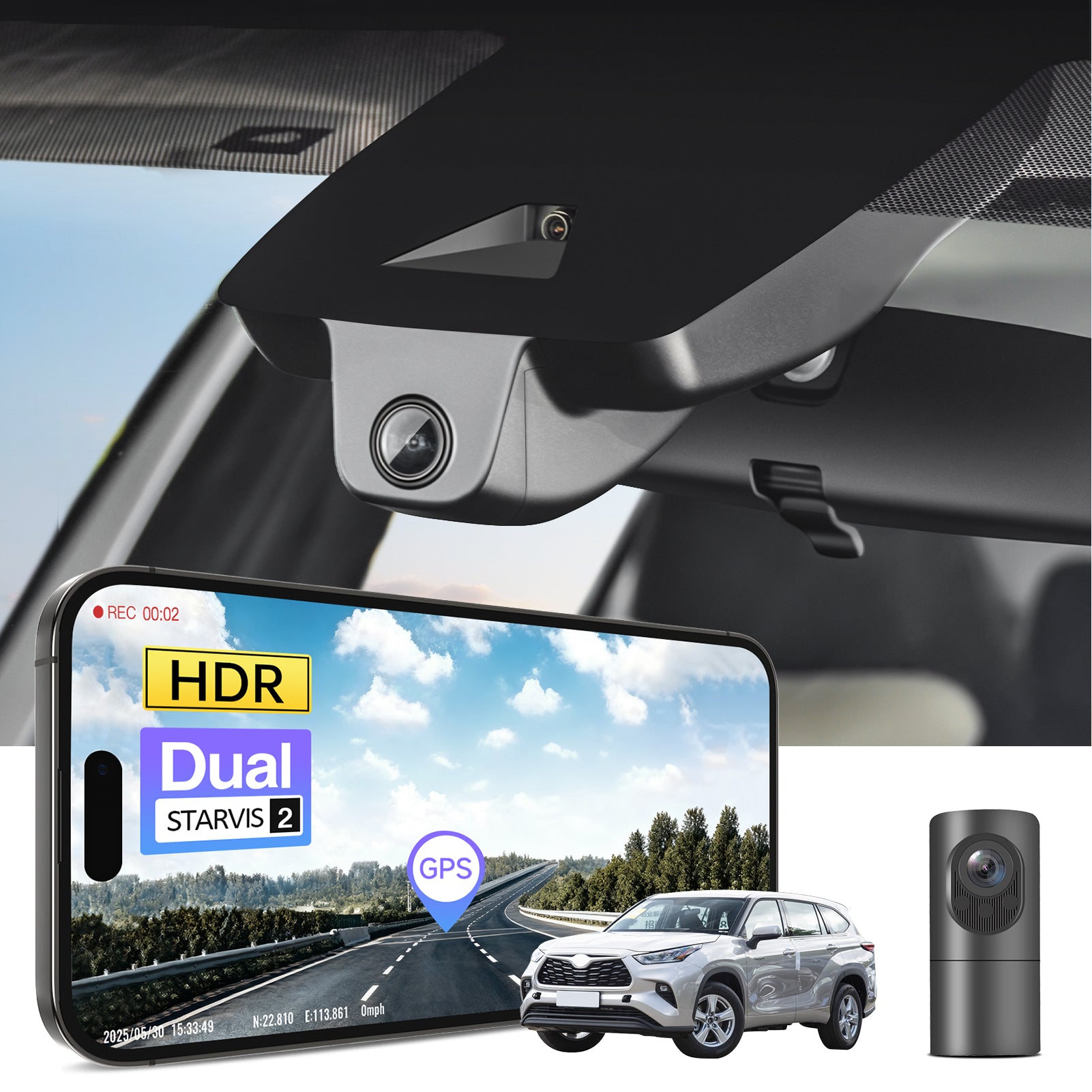 2 channel dash cam with dual STARVIS 2, features smartphone app control, 4K Ultra HD recording, GPS tracking, and Toyota Highlander SUV models in the background.  