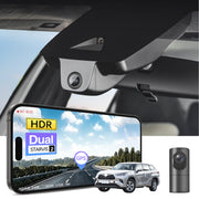 2 channel dash cam with dual STARVIS 2, features smartphone app control, 4K Ultra HD recording, GPS tracking, and Toyota Highlander SUV models in the background.  