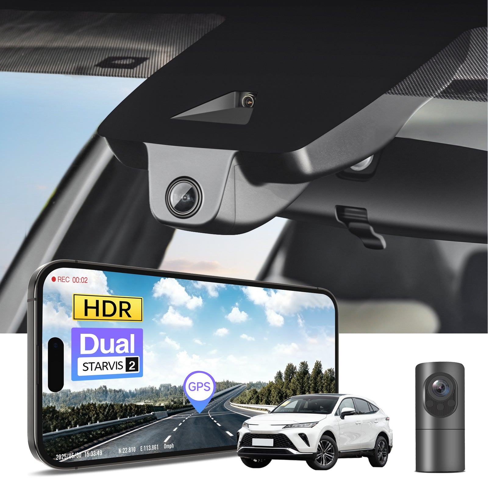 2 channel dash cam with dual STARVIS 2, features smartphone app control, 4K Ultra HD recording, GPS tracking, and Toyota RAV4 SUV models in the background.  